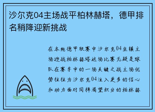 沙尔克04主场战平柏林赫塔，德甲排名稍降迎新挑战